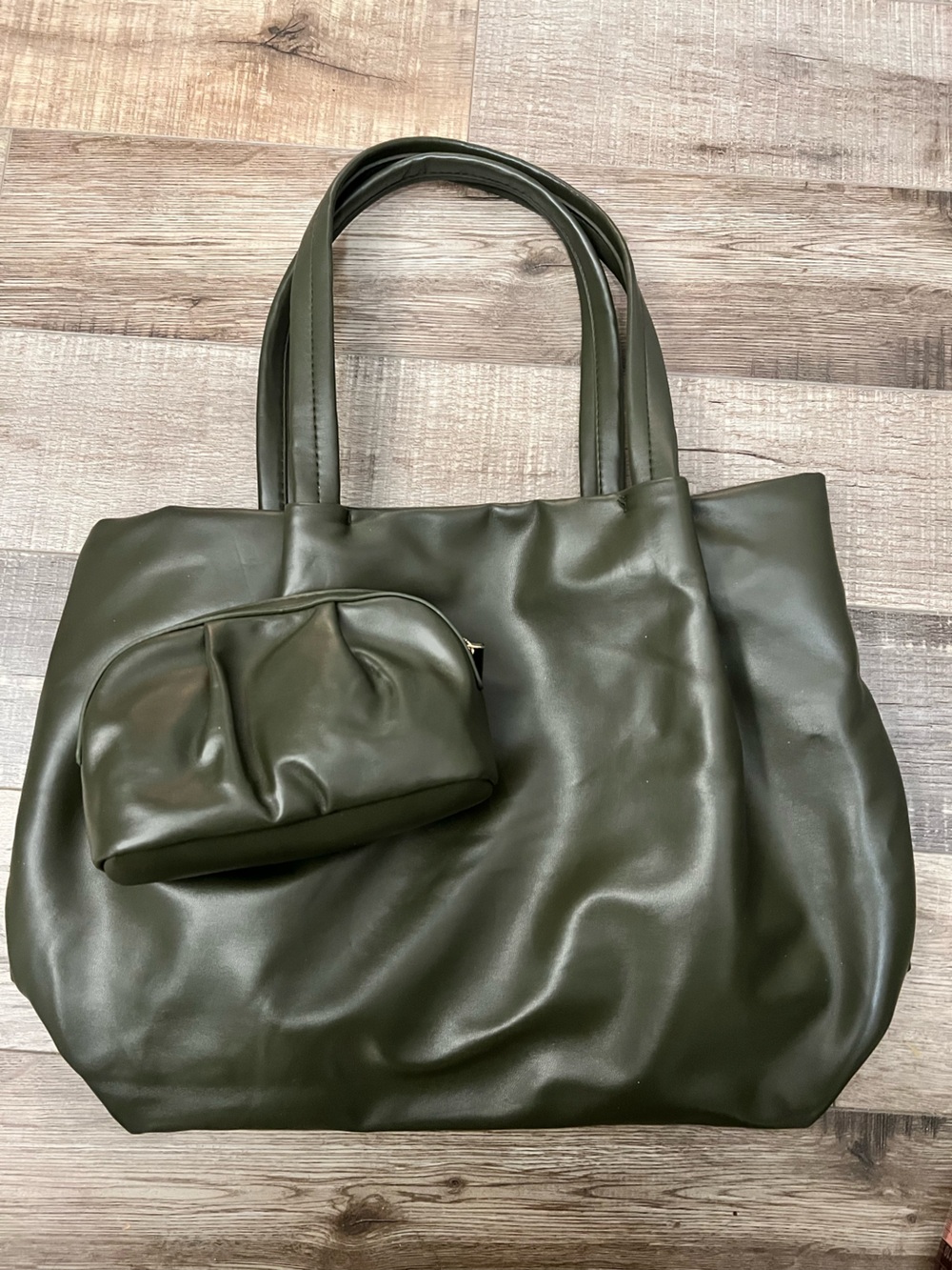 Neiman Marcus Olive Faux Leather Tote with Matching Pouch